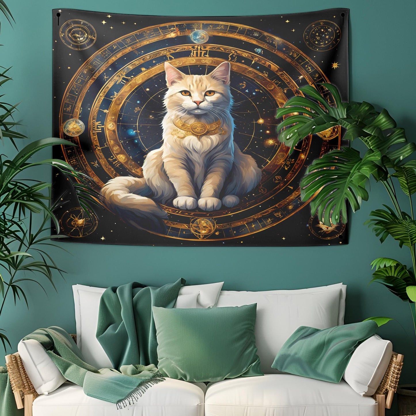 Zodiac Circle Cat Tapestry - Astrological Feline Wall Hanging - Celestial Cosmic Decor - Mystic Astrology Art - Witchy Home Decor