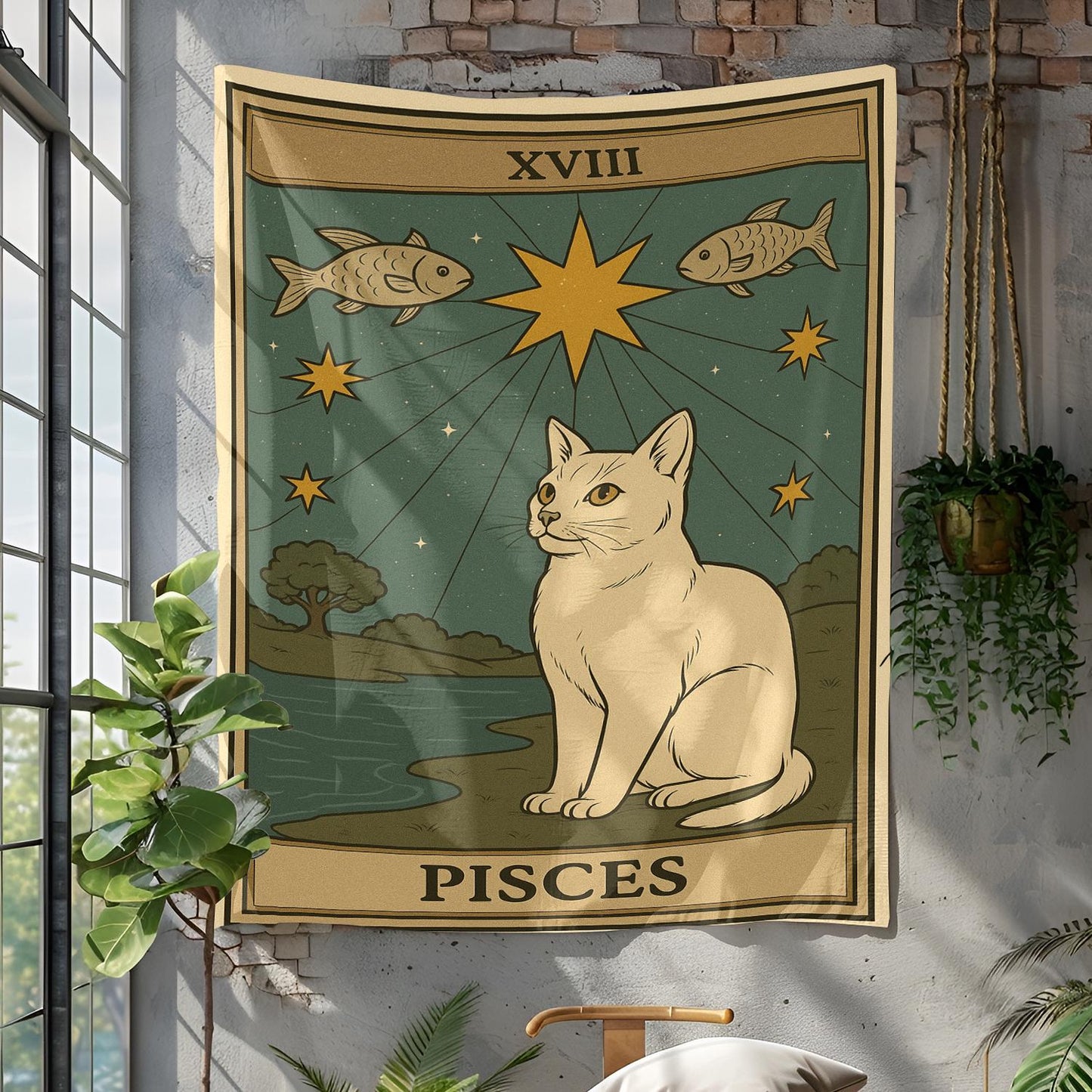 Pisces Zodiac Cat Tapestry Wall Hanging – Mystical Astrology Cat Art Decor for Bedroom, Dorm Room, Meditation Corner or Gift Idea