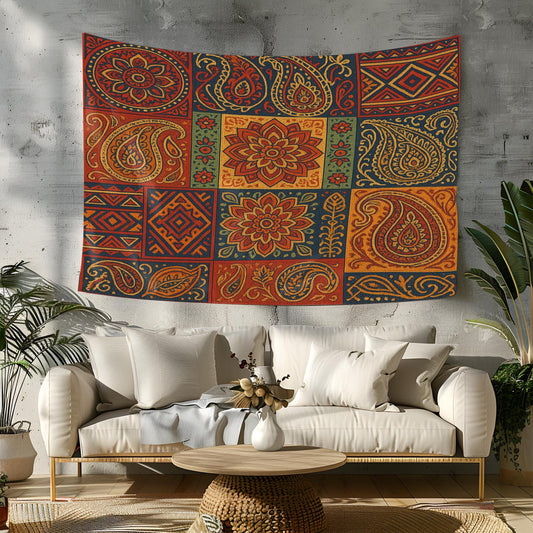 Colorful Boho Patchwork Tapestry – Multicolor Floral and Paisley Wall Hanging for Living Room, Bedroom, or Dorm Decor
