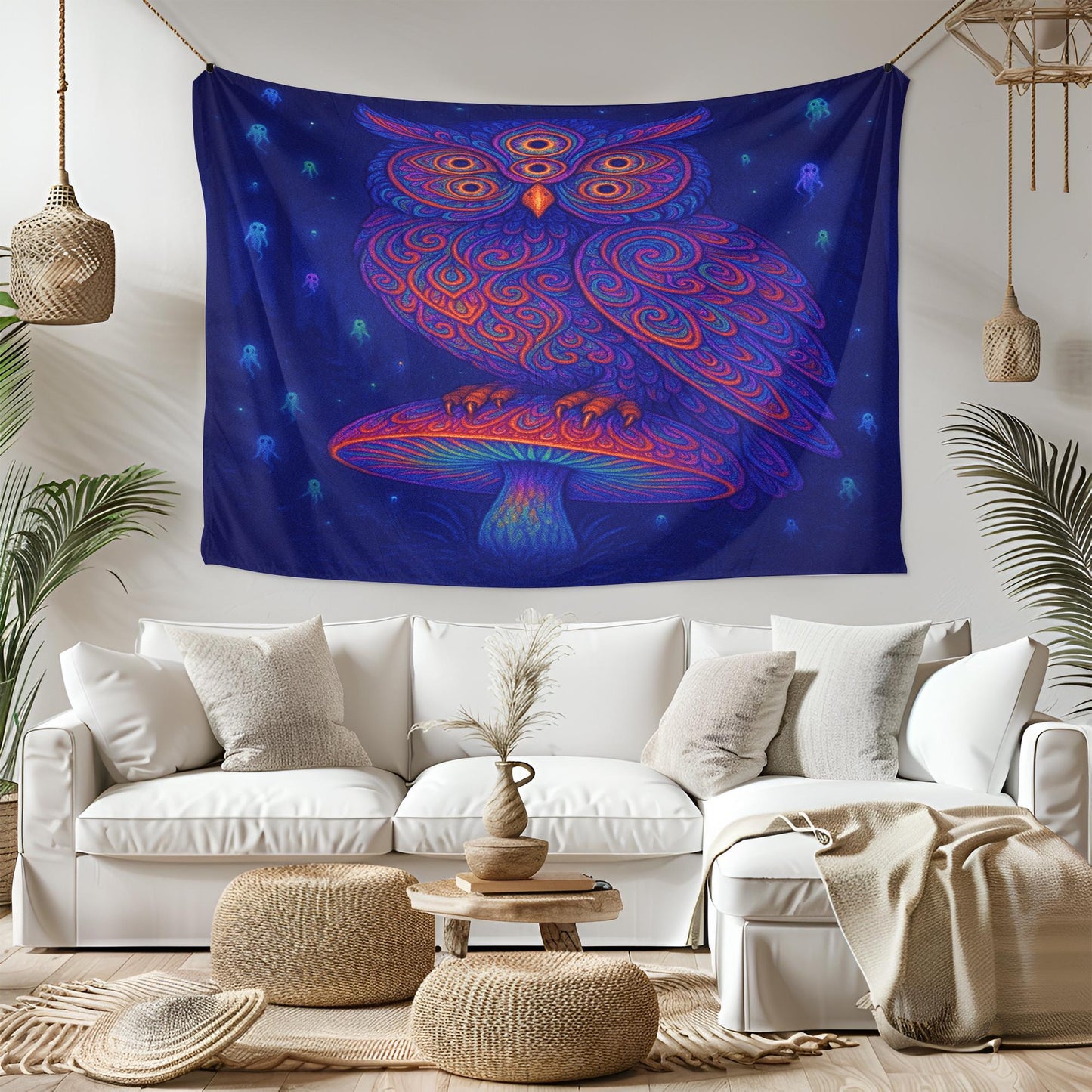 Psychedelic Owl Tapestry, Trippy Mushroom Wall Art, Boho Room Decor, Visionary Spirit Print, Mystical Night Banner, Bohemian Gift