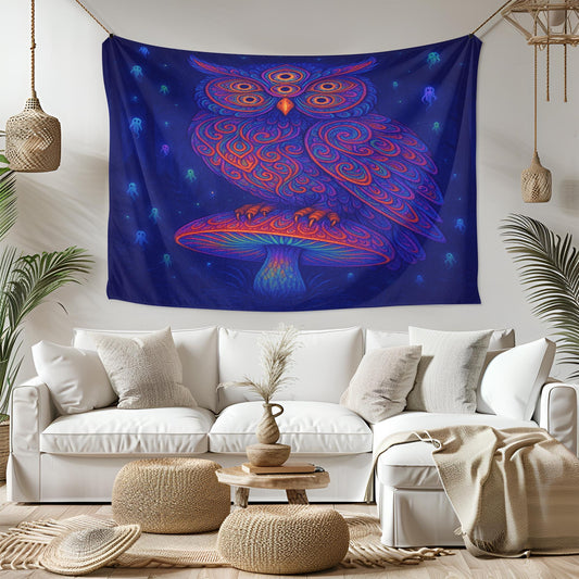 Psychedelic Owl Tapestry, Trippy Mushroom Wall Art, Boho Room Decor, Visionary Spirit Print, Mystical Night Banner, Bohemian Gift