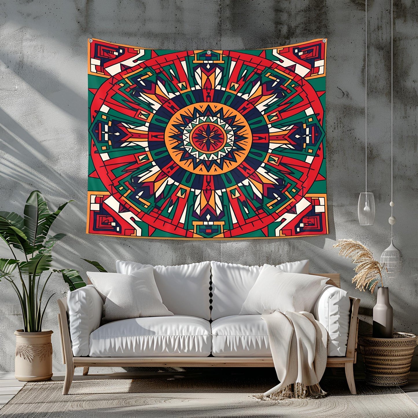 Bold Symmetrical Mandala Tapestry, Aztec Geometric Patterns with Structured Grid, Precision-Aligned Tribal Design, Cultural Wall Art