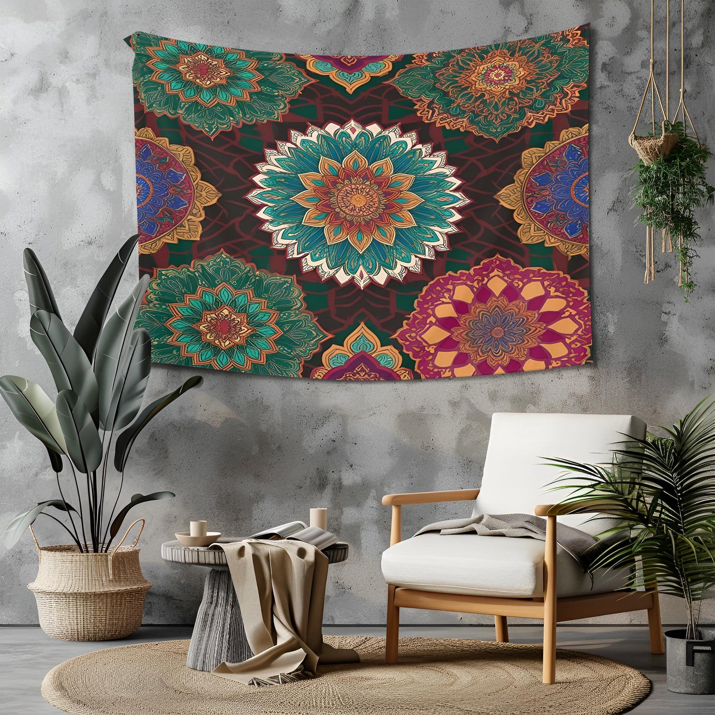 Moroccan Mandala Pattern Tapestry, Seamless Ornate Geometric Design with Rich Jewel Tones, Intricate Interwoven Details, Boho Wall Art