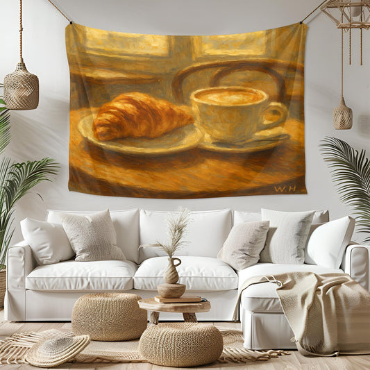 French Breakfast Tapestry Wall Art, Croissant and Coffee Painting Style Print, Cozy Kitchen Cafe Decor for Dining Room or Breakfast Nook