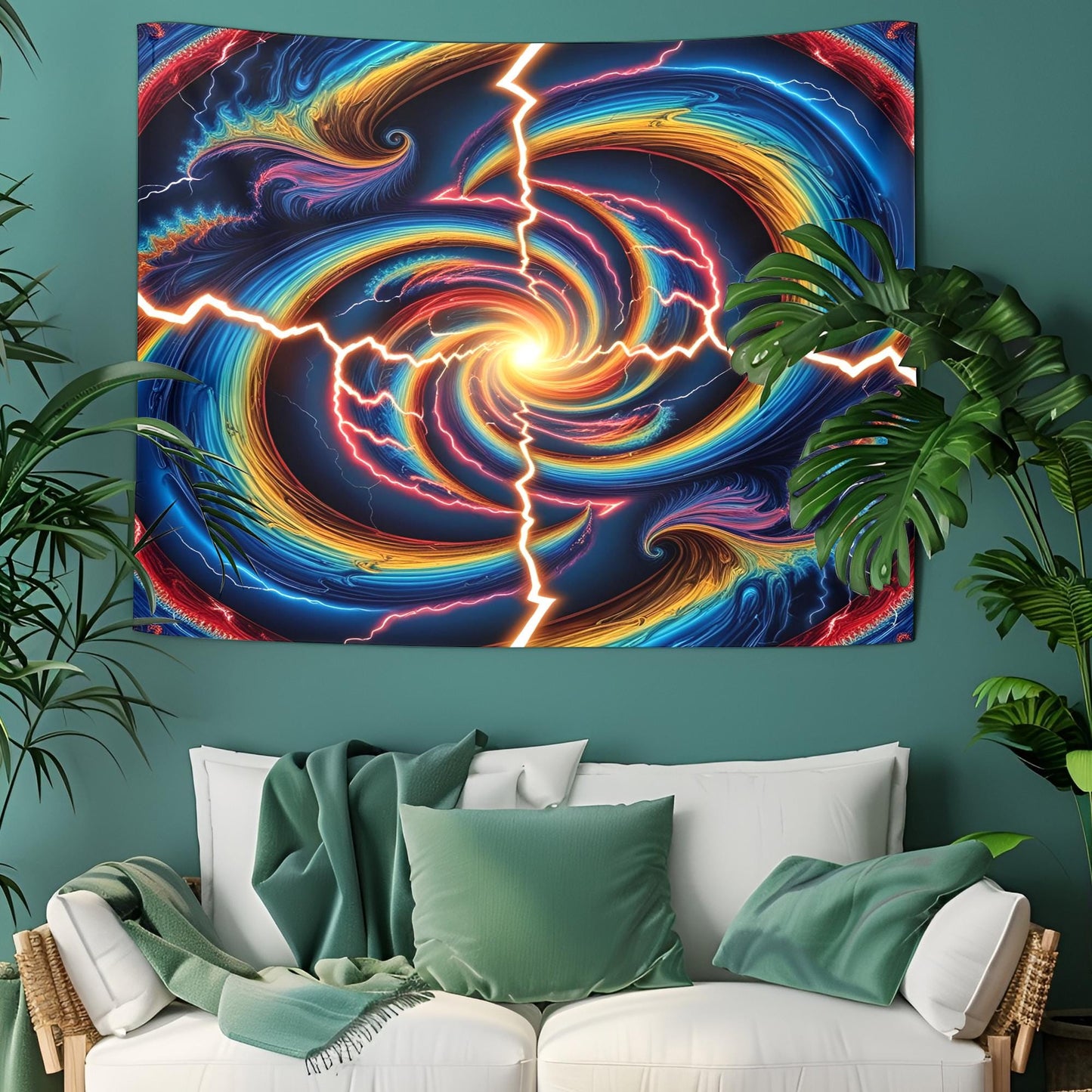 Psychedelic Optical Illusion Tapestry, Swirling Electric Waves, Rainbow Lightning & Hypnotic Fractal Vortex Wall Art