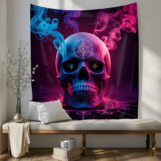 Mystical Skull Tapestry, Neon Smoke & Sacred Symbols, Dark Surreal Wall Art, Hyper-Detailed Psychedelic Decor, Trippy Wall Decoration