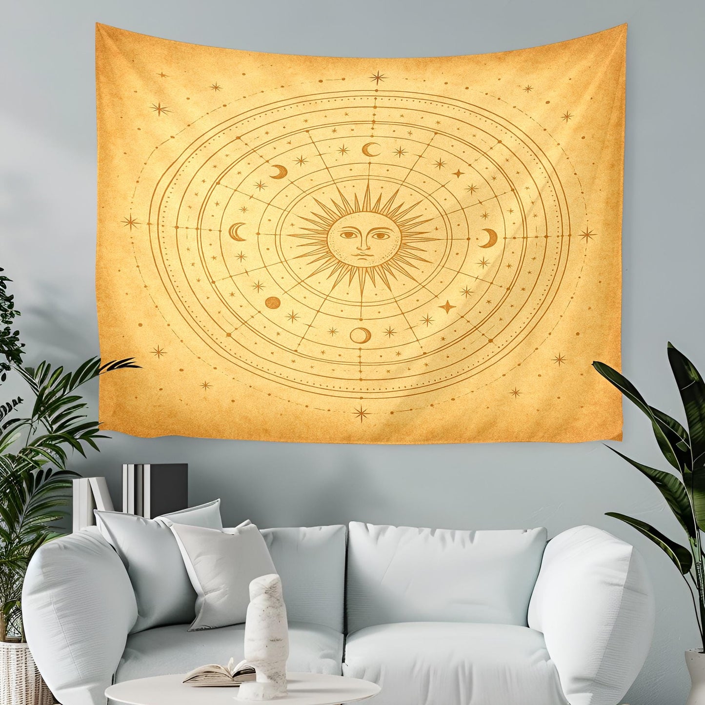 Mystical Celestial Wall Tapestry with Sun Moon Phases and Star Map – Vintage Beige Astrological Wall Art for Boho Bedroom or Meditation