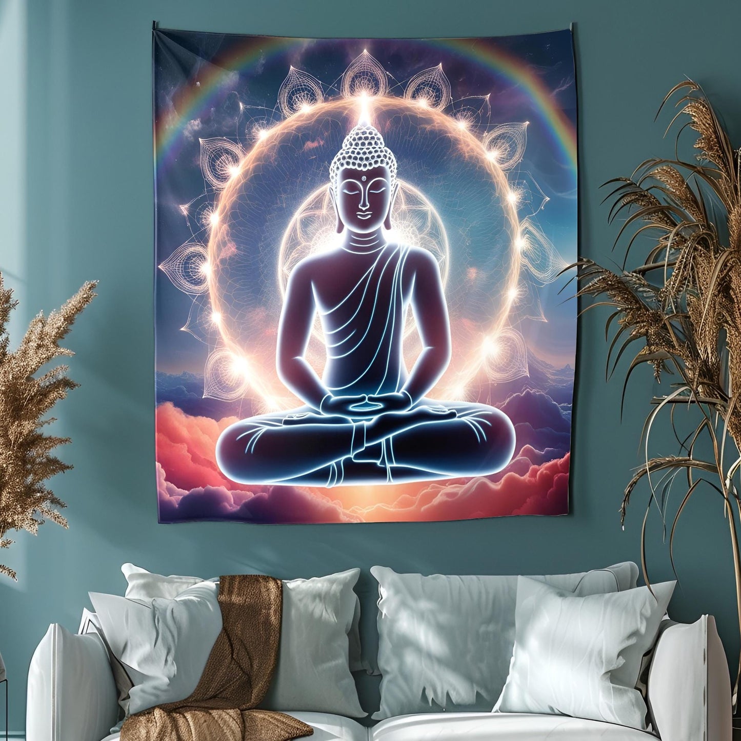 Glowing Buddha Tapestry, Surreal Dreamscape Meditation Art, Rainbow Aura & Sacred Geometry, Cosmic Spiritual Decor, Trippy Decor Tapestry