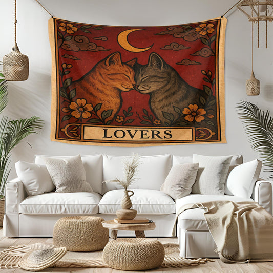 Lovers Cat Tapestry – Gothic Cottagecore Wall Hanging, Moon and Cats Wall Art, Romantic Boho Tapestry for Bedroom, Living Room or Dorm Decor