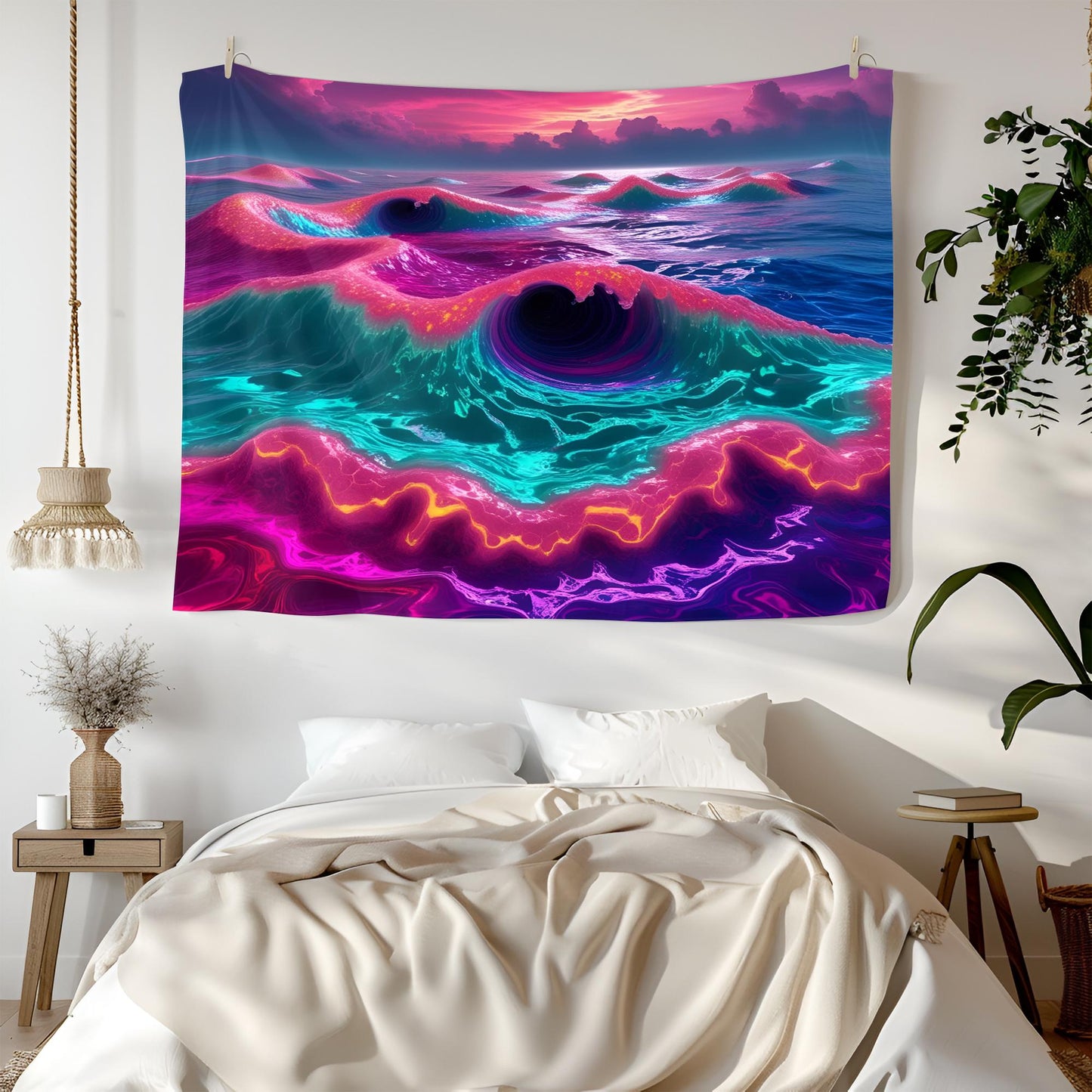 Neon Ocean Tapestry, Liquid Waves & Fractal Spirals, Bioluminescent Foam, Trippy Dreamlike Reflections Wall Art, Psychedelic Tapestry