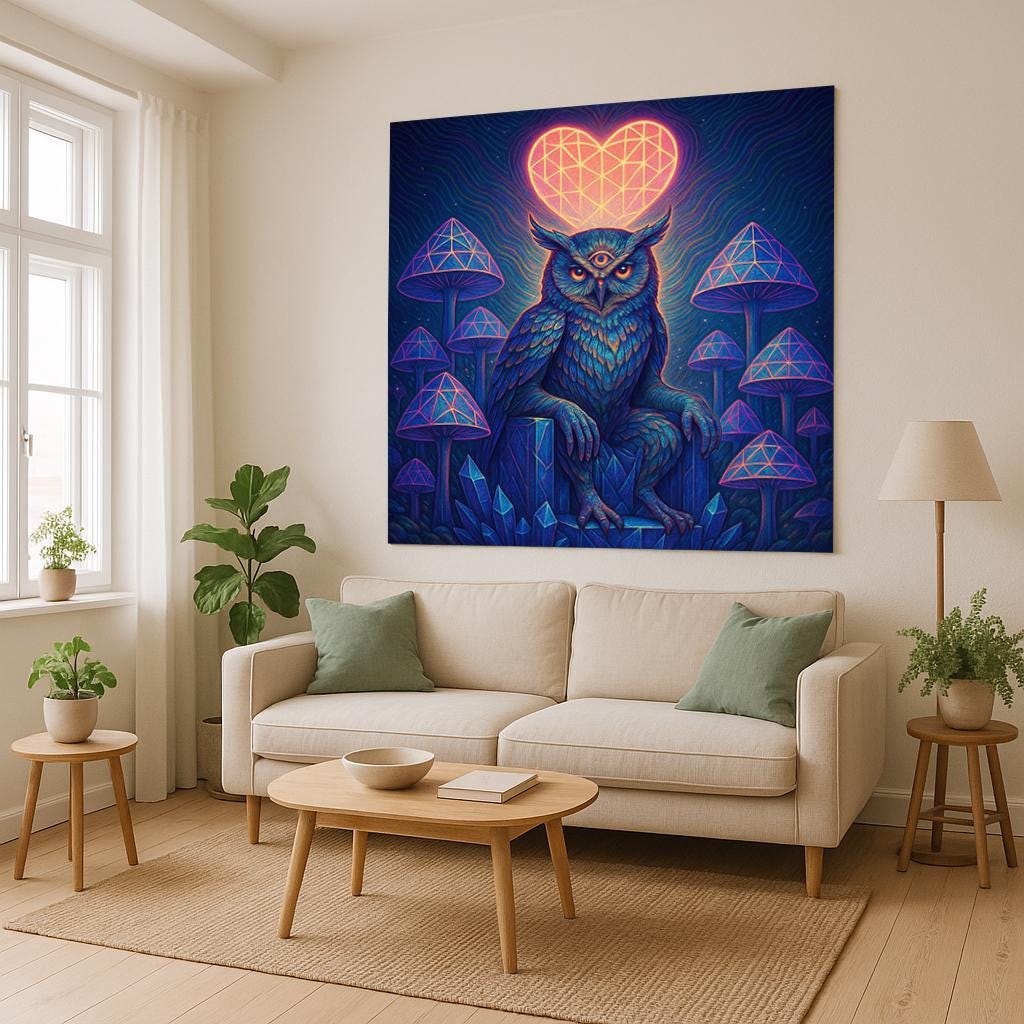 Psychedelic Owl Tapestry – Third Eye Forest Wall Art, Trippy Mushroom Decor, Visionary Crystal Owl Print, Geometric Heart Scene