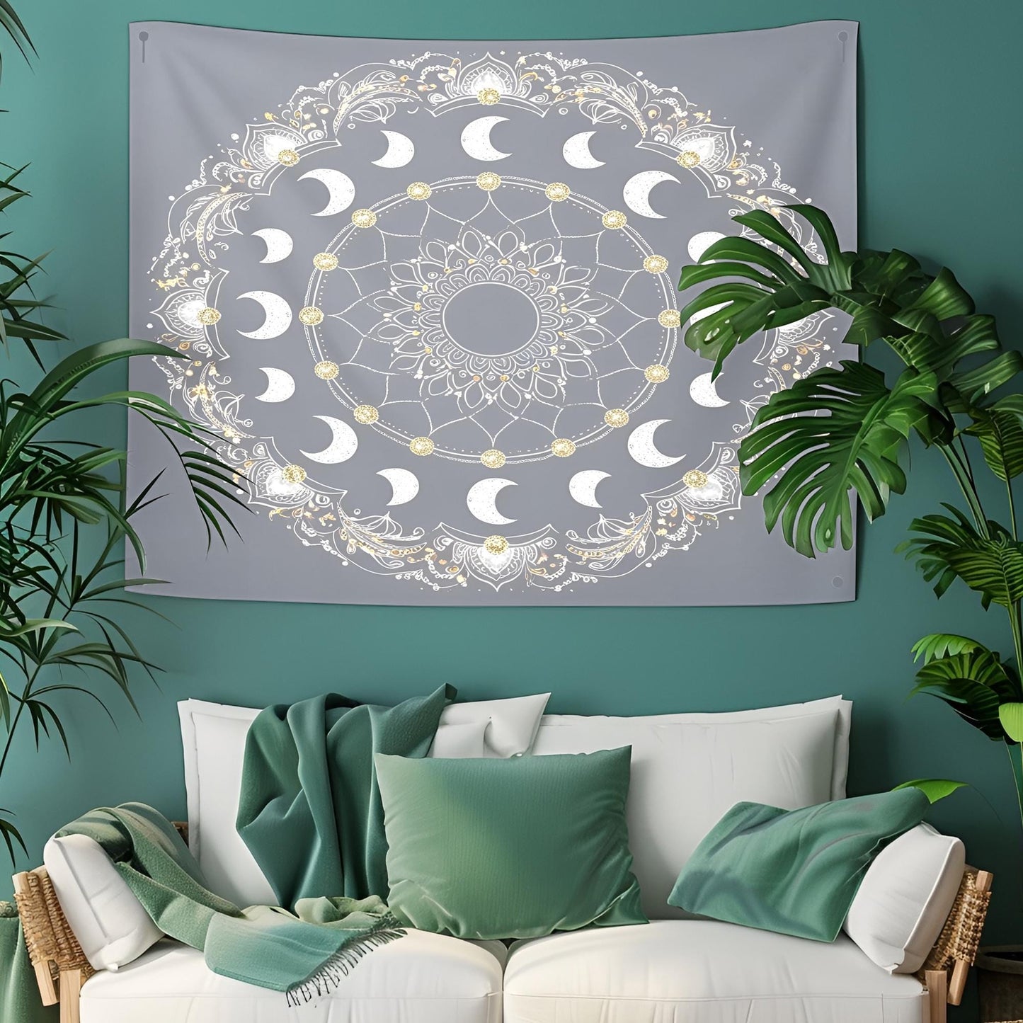 Celestial Mandala Tapestry, Crescent Moon Phases with Silver & Gold Accents, Intricate Swirling Patterns, Cosmic Boho Wall Decor