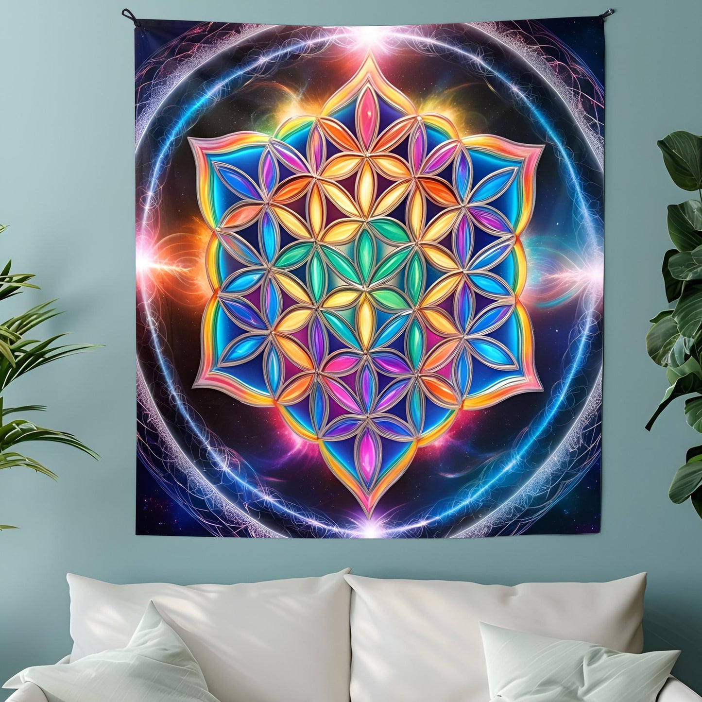 Sacred Flower of Life Tapestry, Glowing Rainbow Energy Art, Holographic Luminous Patterns, Infinite Reflections Decor , Trippy Tapestry