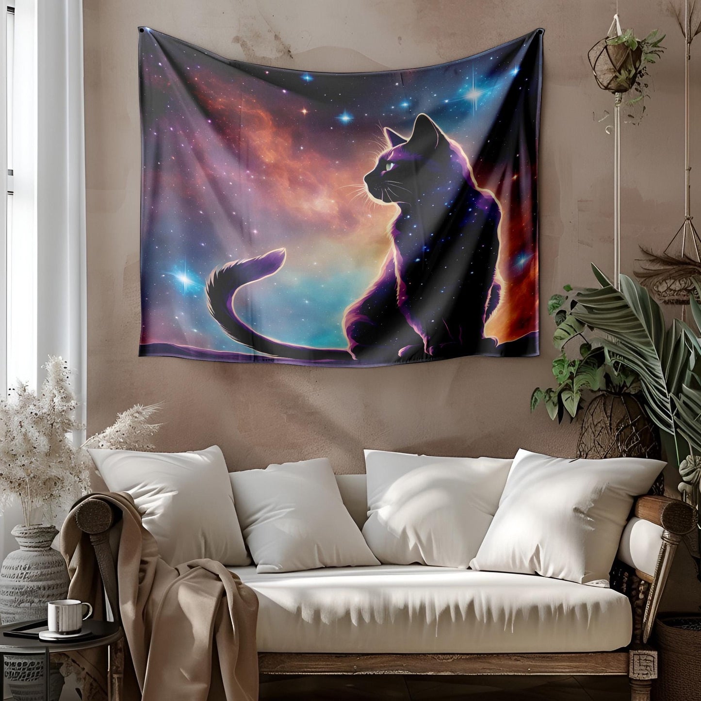 Galactic Cat Tapestry - Cosmic Nebula Kitty Wall Hanging - Mystical Celestial Decor - Space Themed Cat Art - Astrology Zodiac Wall Tapestry