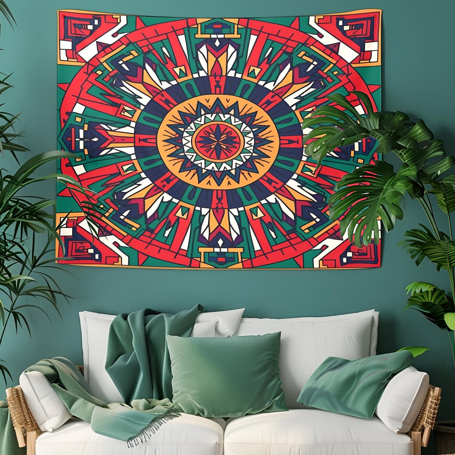 Bold Symmetrical Mandala Tapestry, Aztec Geometric Patterns with Structured Grid, Precision-Aligned Tribal Design, Cultural Wall Art