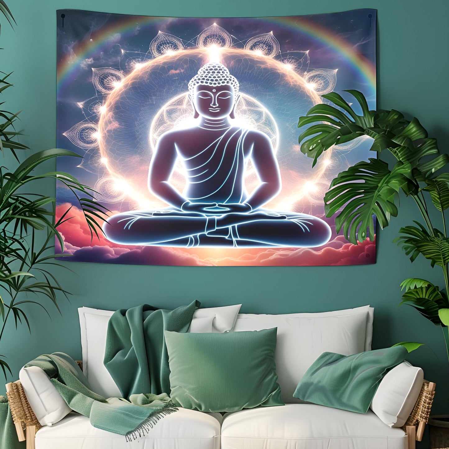 Glowing Buddha Tapestry, Surreal Dreamscape Meditation Art, Rainbow Aura & Sacred Geometry, Cosmic Spiritual Decor, Trippy Decor Tapestry