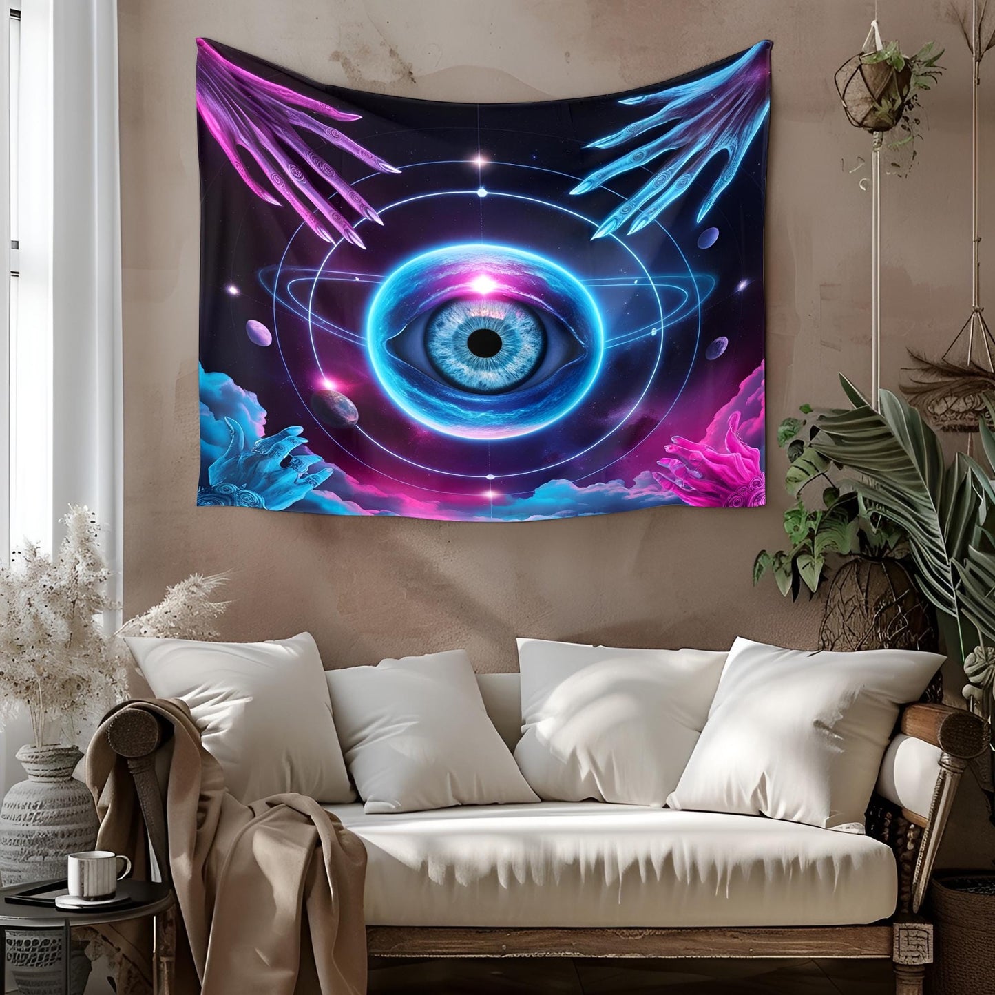 Celestial Eye Tapestry, Cosmic Vision Wall Art, Mystical Hands & Planetary Orbits, Neon Blue Pink Surreal Decor, Psychedelic Tapestry