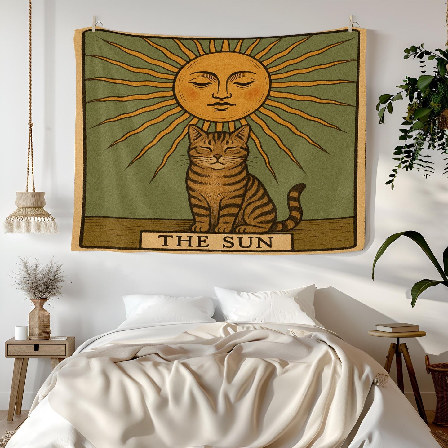 The Sun Cat Tapestry – Tarot-Inspired Wall Hanging, Mystical Boho Cat Wall Art, Celestial Decor for Bedroom, Dorm or Meditation Space