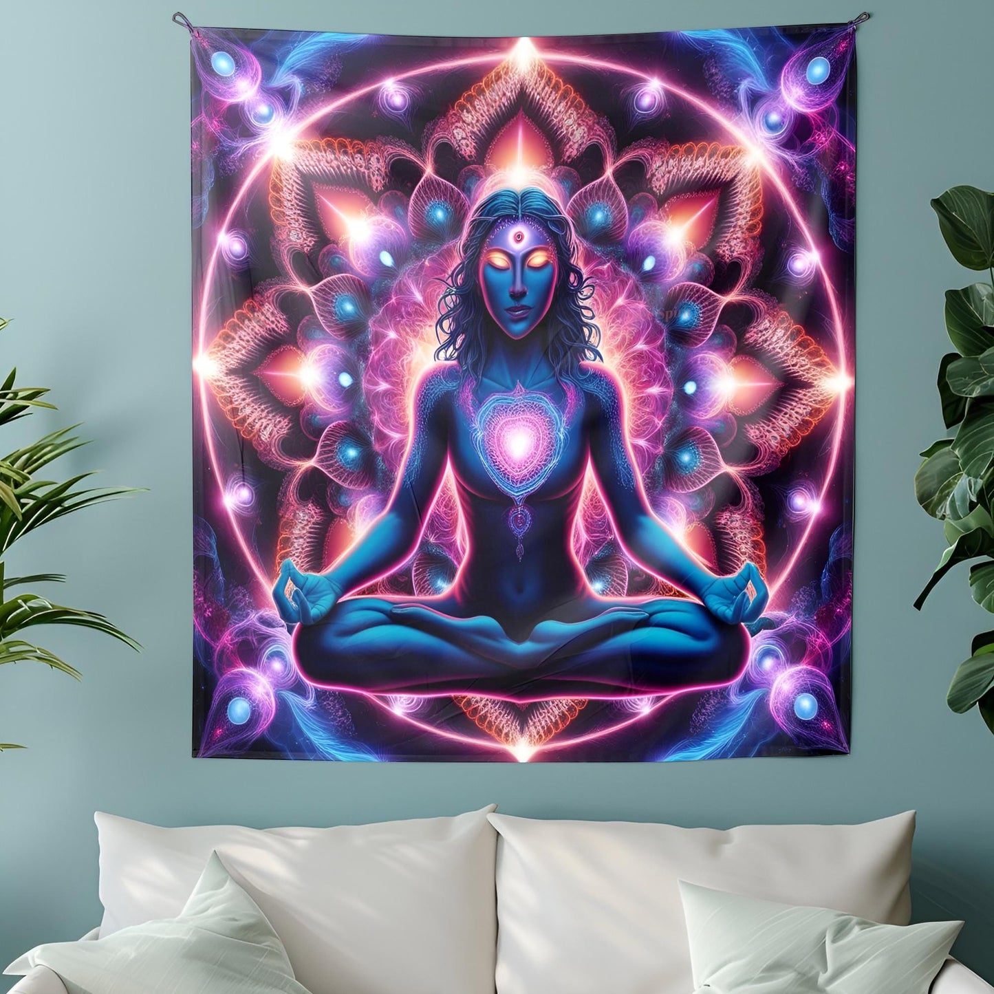 Psychedelic Meditating Figure Tapestry, Neon Fractal Cosmic Wall Art, Third Eye Awakening, Vibrant Mandala Visionary Decor, Psychedelic