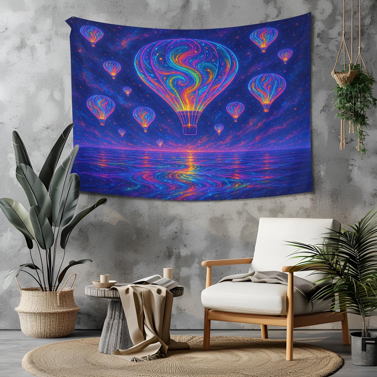 Glowing Neon Hot Air Balloons Floating Above a Cosmic Sea Reflecting Infinite Swirling Colors with Dreamy Psychedelic Ultra HD Aesthetic