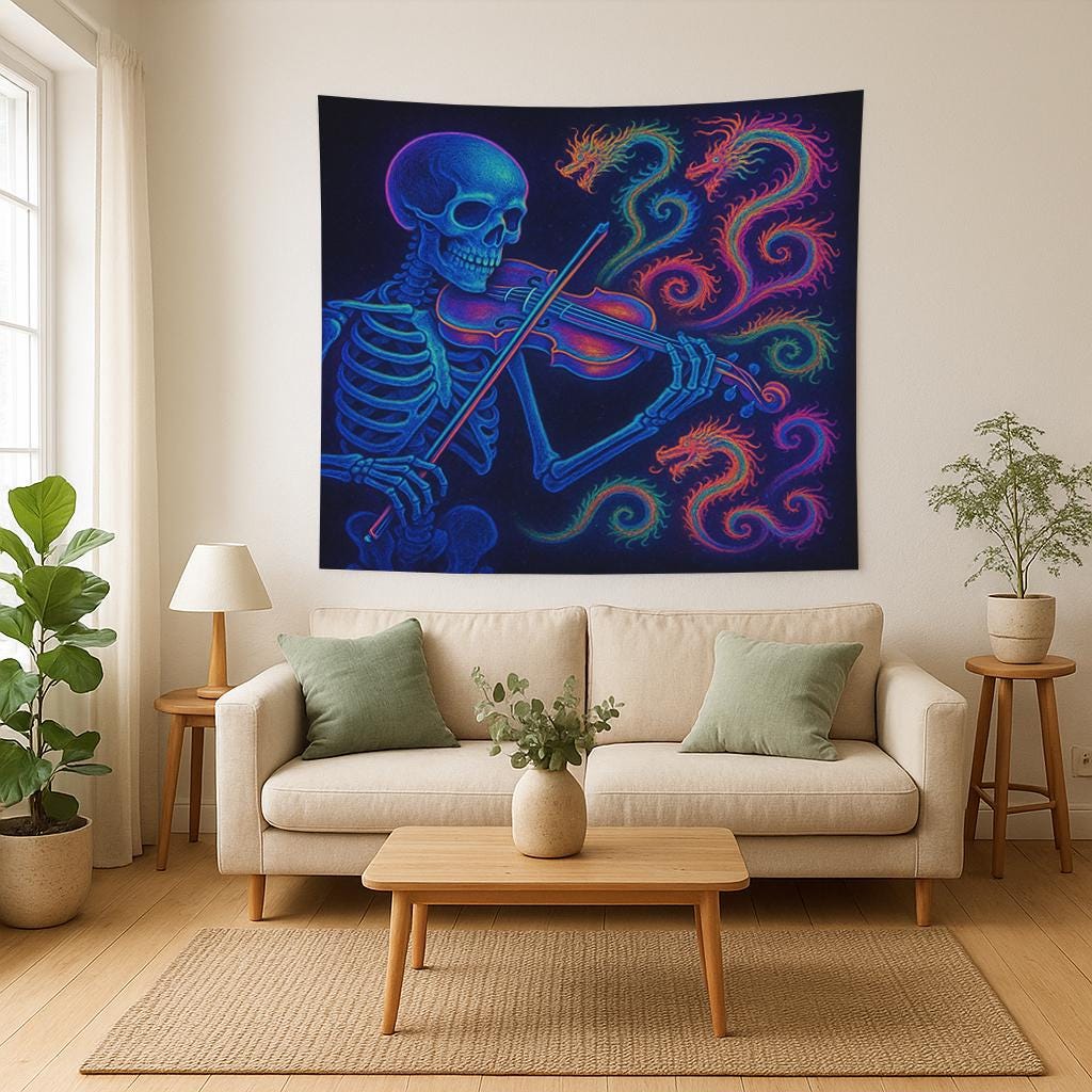 Skeleton Violin Tapestry, Psychedelic Gothic Wall Art, Trippy Neon Room Decor, Dark Boho Skeleton Print, Unique Gift for Musicians