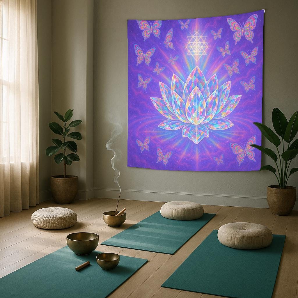 Crystal Lotus Tapestry, Spiritual Butterfly Wall Art, Pink Purple Boho Decor, Meditation Yoga Room Hanging, Sacred Geometry Gift