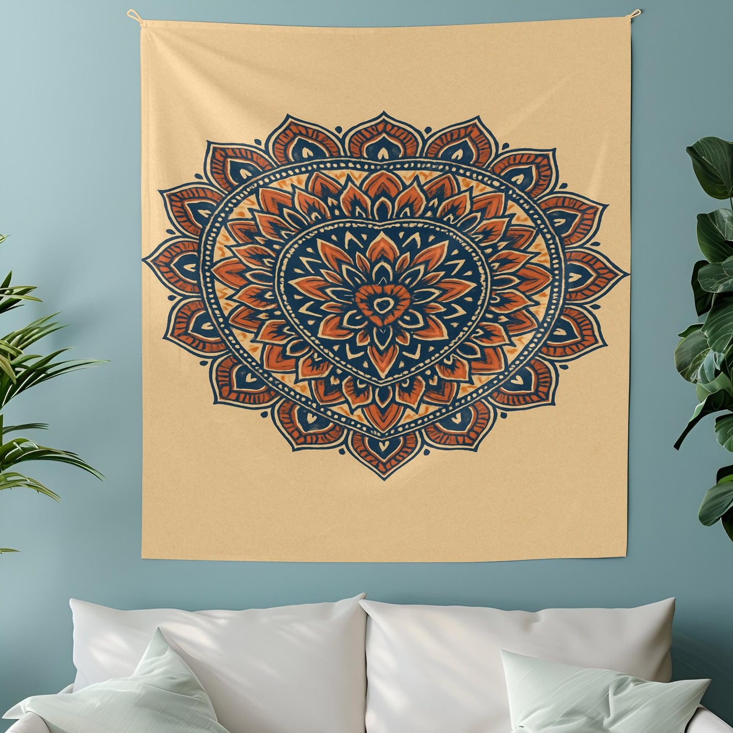 Beige Boho Mandala Tapestry with Blue and Orange Lotus Design – Wall Hanging for Bedroom, Living Room, Yoga or Dorm Decor