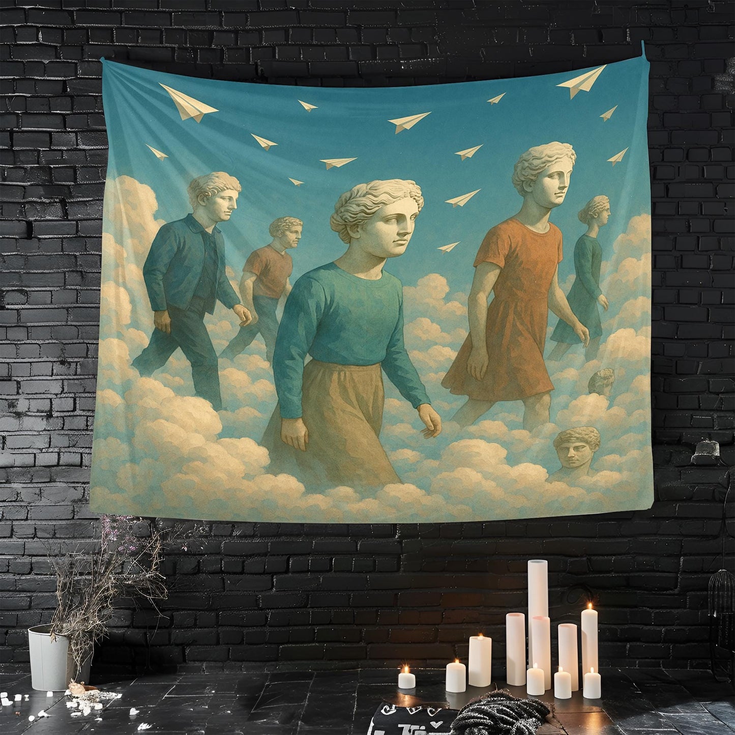 Cloud Walkers Tapestry With Ancient Sculpture Heads And Reverse Paper Planes, Surreal Dreamscape Wall Art, Thoughtful Gift For Him Or Her