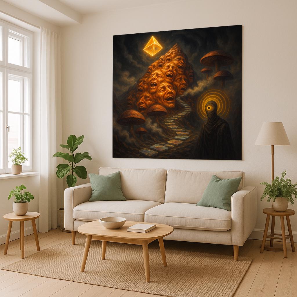 Surreal Horror Tapestry – Trippy Eyeball Figure Wall Art, Dark Psychedelic Decor, Dreamscape Faces Scene, Visionary Mushroom Tapestry