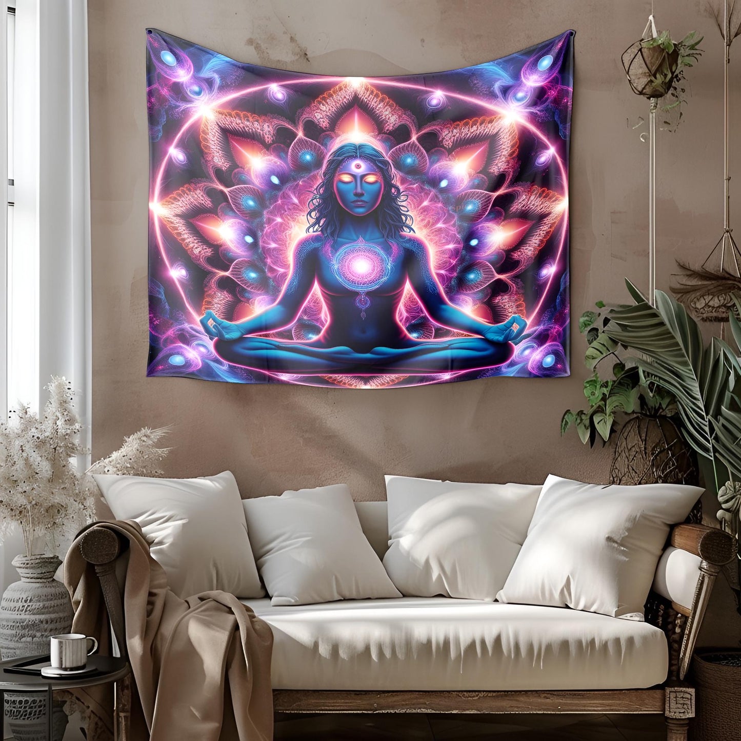 Psychedelic Meditating Figure Tapestry, Neon Fractal Cosmic Wall Art, Third Eye Awakening, Vibrant Mandala Visionary Decor, Psychedelic