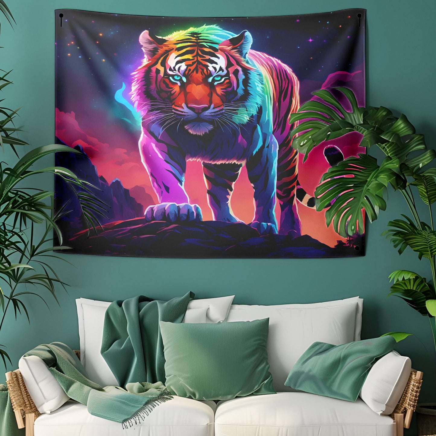 Vibrant Rainbow Tiger Tapestry - LGBT Pride Wall Hanging - Neon Cyberpunk Jungle Decor - Fierce & Colorful Animal Art