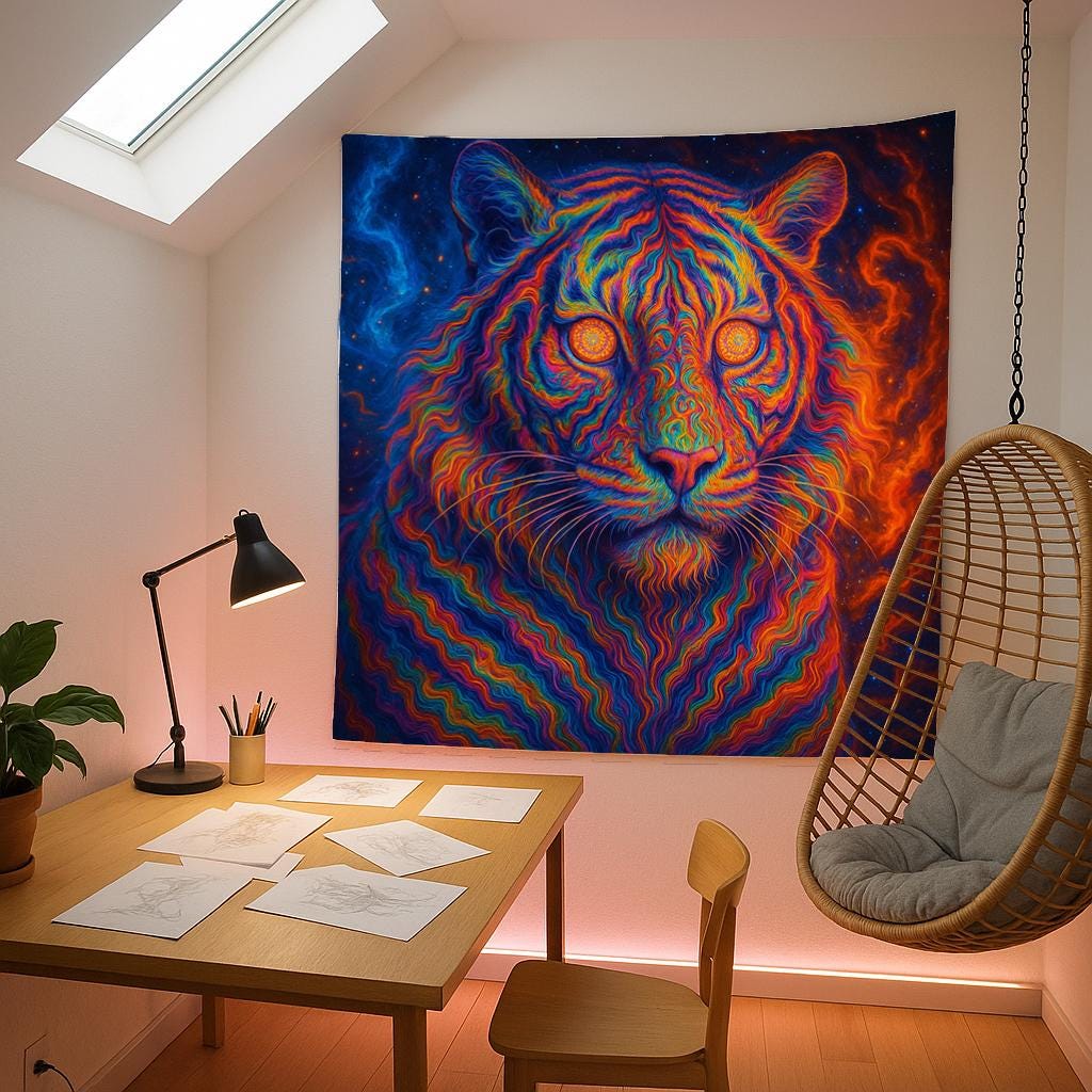 Psychedelic Tiger Tapestry, Trippy Neon Wall Art, Vibrant Jungle Decor, Boho Dorm Room Hanging, Cosmic Big Cat Gift, Festival Vibes