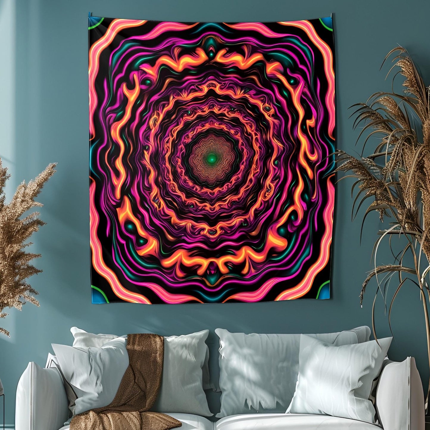 Trippy Optical Illusion Tapestry, Hypnotic Neon Swirl Wall Art, Endless Moving Pattern, Mind-Bending Psychedelic Decor, Tapestry Neon