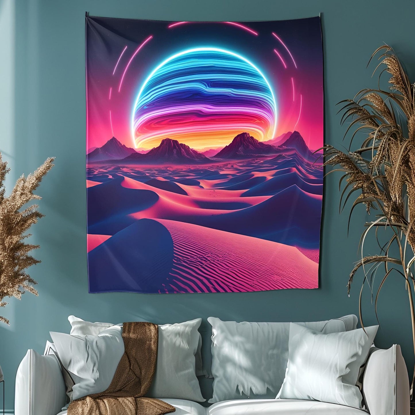 Psychedelic Desert Tapestry, Glowing Sand Dunes & Neon Sun, Surreal Melting Mountains, Retro-Futuristic Dreamscape Art, Trippy Tapestry