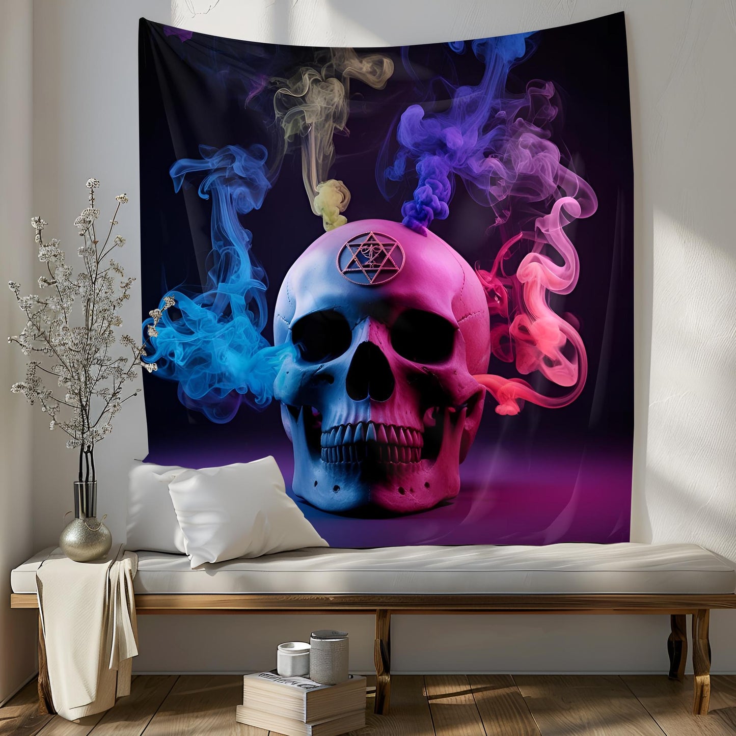Mystical Skull Tapestry, Neon Smoke & Sacred Symbols, Dark Surreal Wall Art, Hyper-Detailed Psychedelic Decor, Trippy Wall Decoration