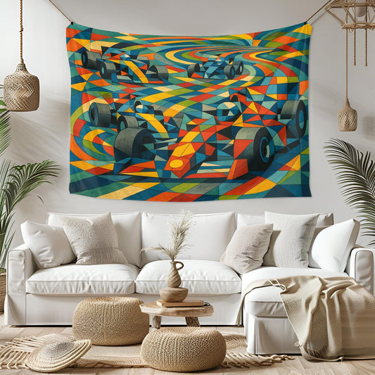 Geometric F1 Racing Tapestry, Colorful Formula Car Wall Art, Abstract Motorsport Decor, Gamer Room Print, Car Lover Gift, Speed Banner