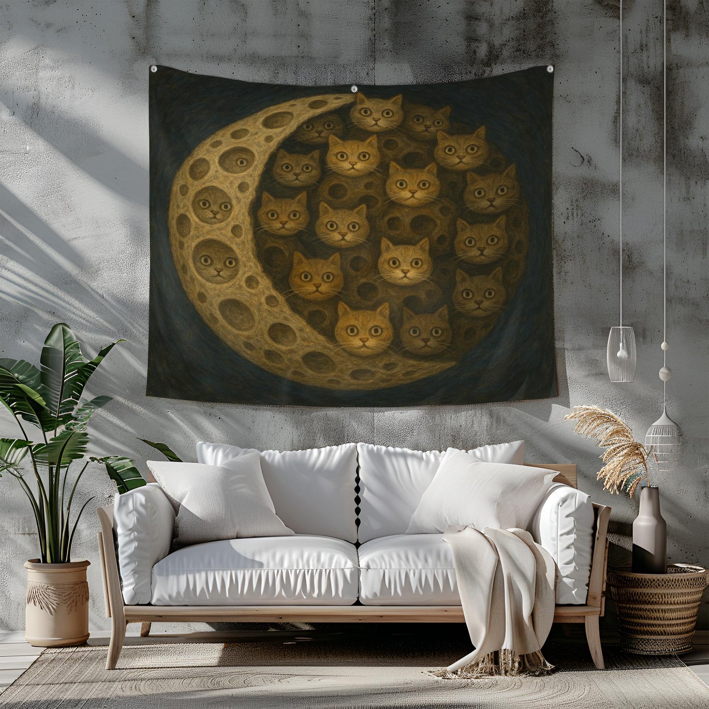 Cat Moon Tapestry Optical Illusion Wall Art, Surreal Feline Print For Cat Lovers, Trippy Dorm Room Decor, Mystical Bedroom Accent Gift