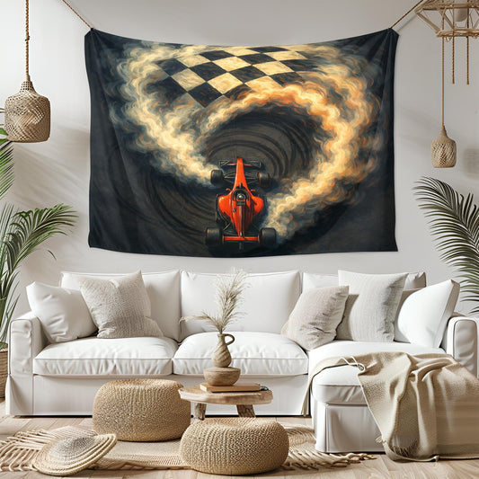Formula 1 Racing Tapestry, Red F1 Car Wall Art with Checkered Flag, Motorsport Decor for Man Cave, Speed Lover Gift, Auto Room Print