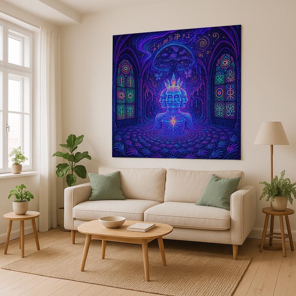 Psychedelic Wall Tapestry – Trippy Spiritual Art, Cosmic Meditation Decor, Visionary 3-Headed Deity Wall Hanging, Boho Room Aesthetic, Dorm