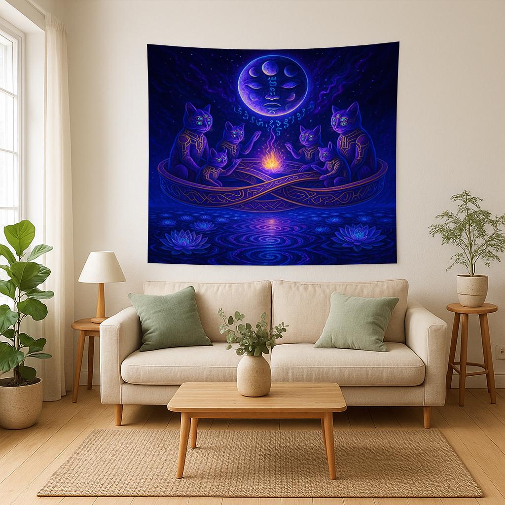 Mystic Cat Tapestry – Trippy Cosmic Cats Wall Art, Spiritual Fire Circle Decor, Celestial Feline Tapestry, Psychedelic Moonlit Scene