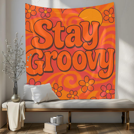 Stay Groovy Retro Tapestry, 70s Curvy Typography With Floral Swirl Background, Orange Pink Sunshine Vibe Wall Art, Gift For Her Or Him