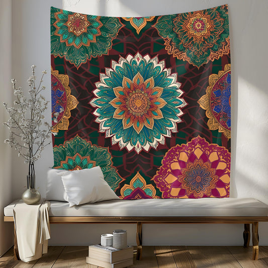 Moroccan Mandala Pattern Tapestry, Seamless Ornate Geometric Design with Rich Jewel Tones, Intricate Interwoven Details, Boho Wall Art