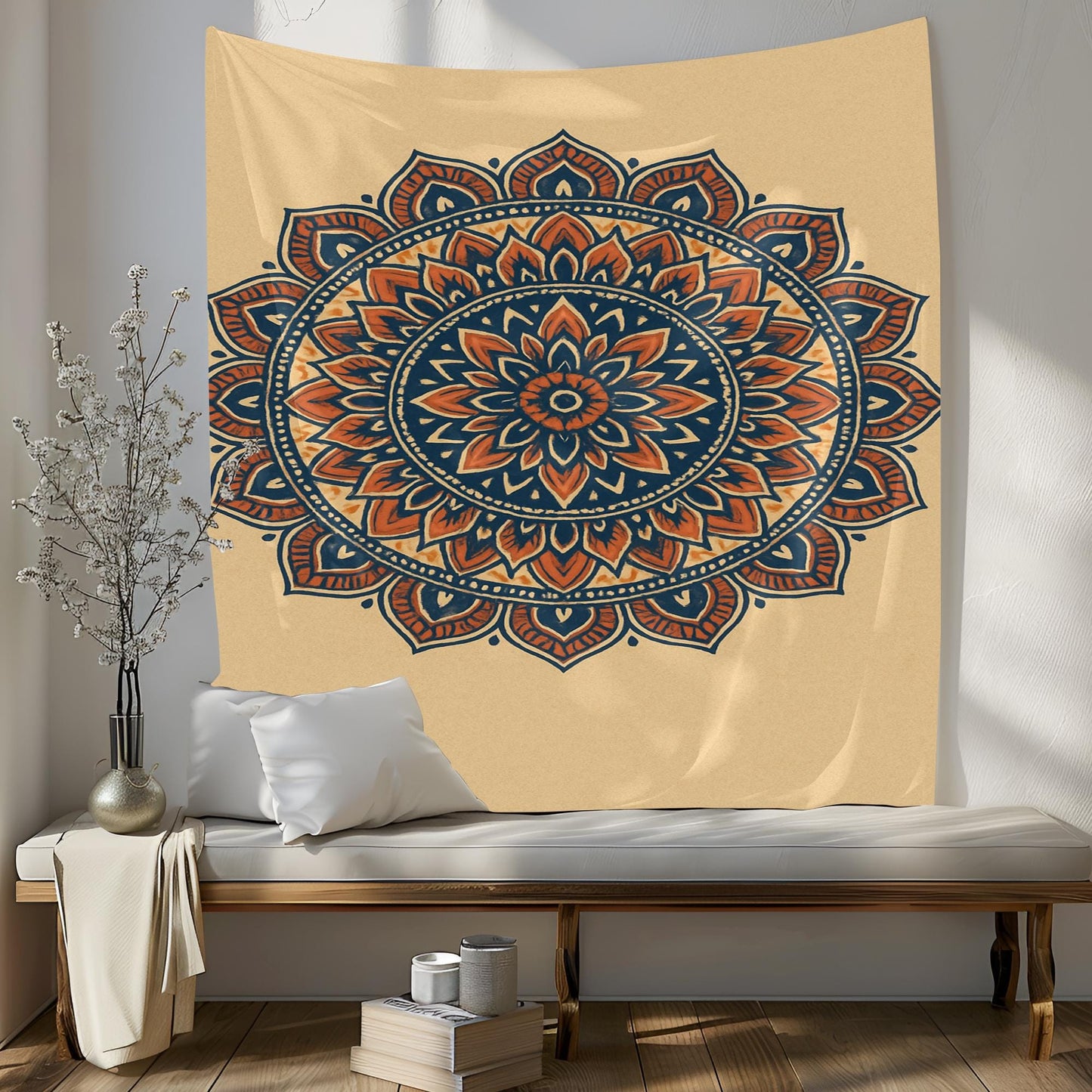 Beige Boho Mandala Tapestry with Blue and Orange Lotus Design – Wall Hanging for Bedroom, Living Room, Yoga or Dorm Decor