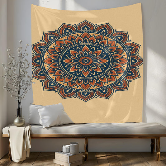 Beige Boho Mandala Tapestry with Blue and Orange Lotus Design – Wall Hanging for Bedroom, Living Room, Yoga or Dorm Decor