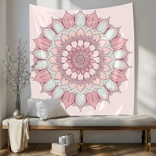 Delicate Floral Mandala Tapestry, Symmetrical Lotus Petals & Soft Pastel Tones, Calming Aesthetic with Intricate Botanical Patterns
