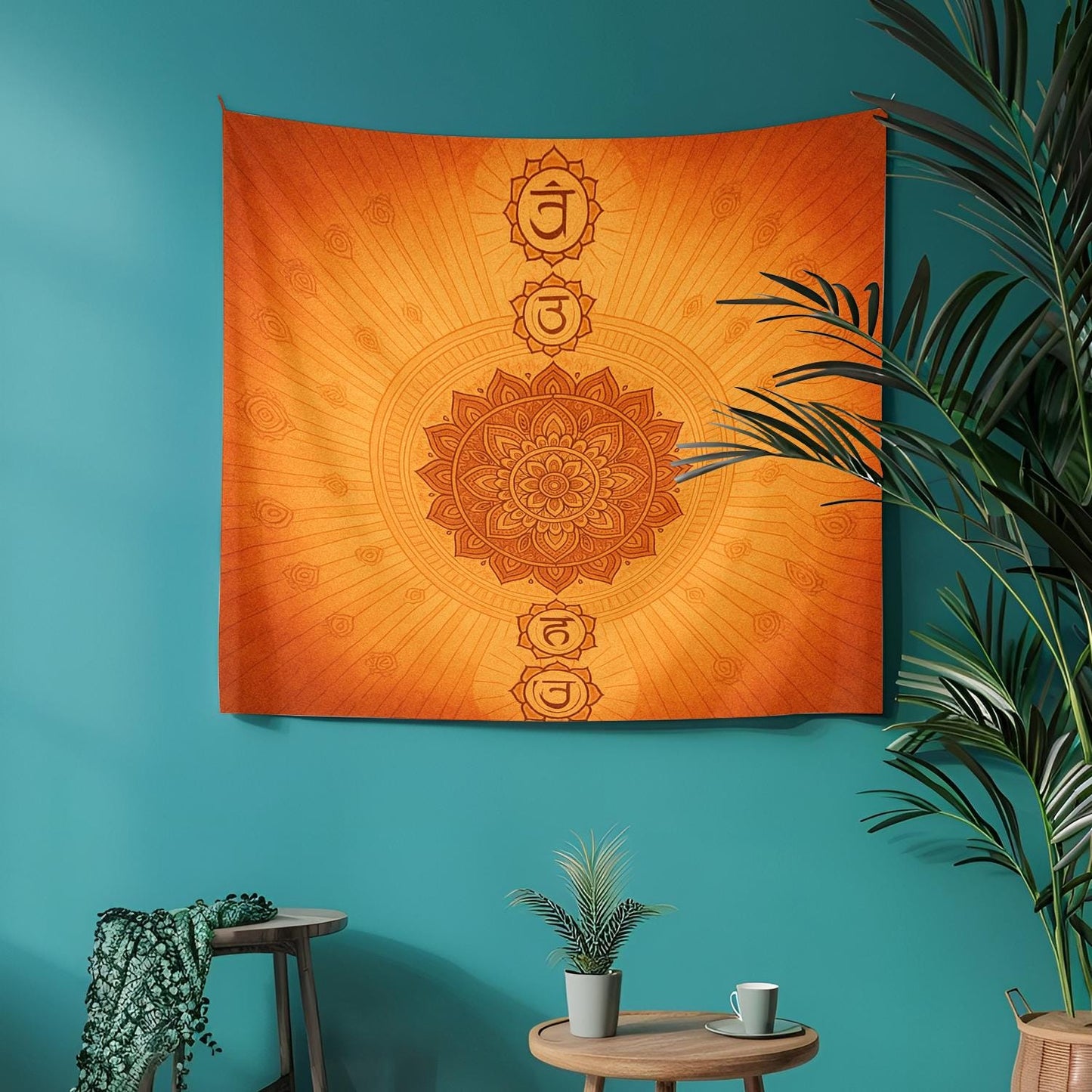 Chakra Wall Tapestry in Orange with Mandala and Symbol Design – Spiritual Boho Decor for Meditation, Yoga, Healing and Mindful Living