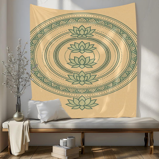 Beige and Green Lotus Tapestry Wall Hanging – Minimalist Mandala Design for Yoga Room, Bedroom, or Meditation Corner
