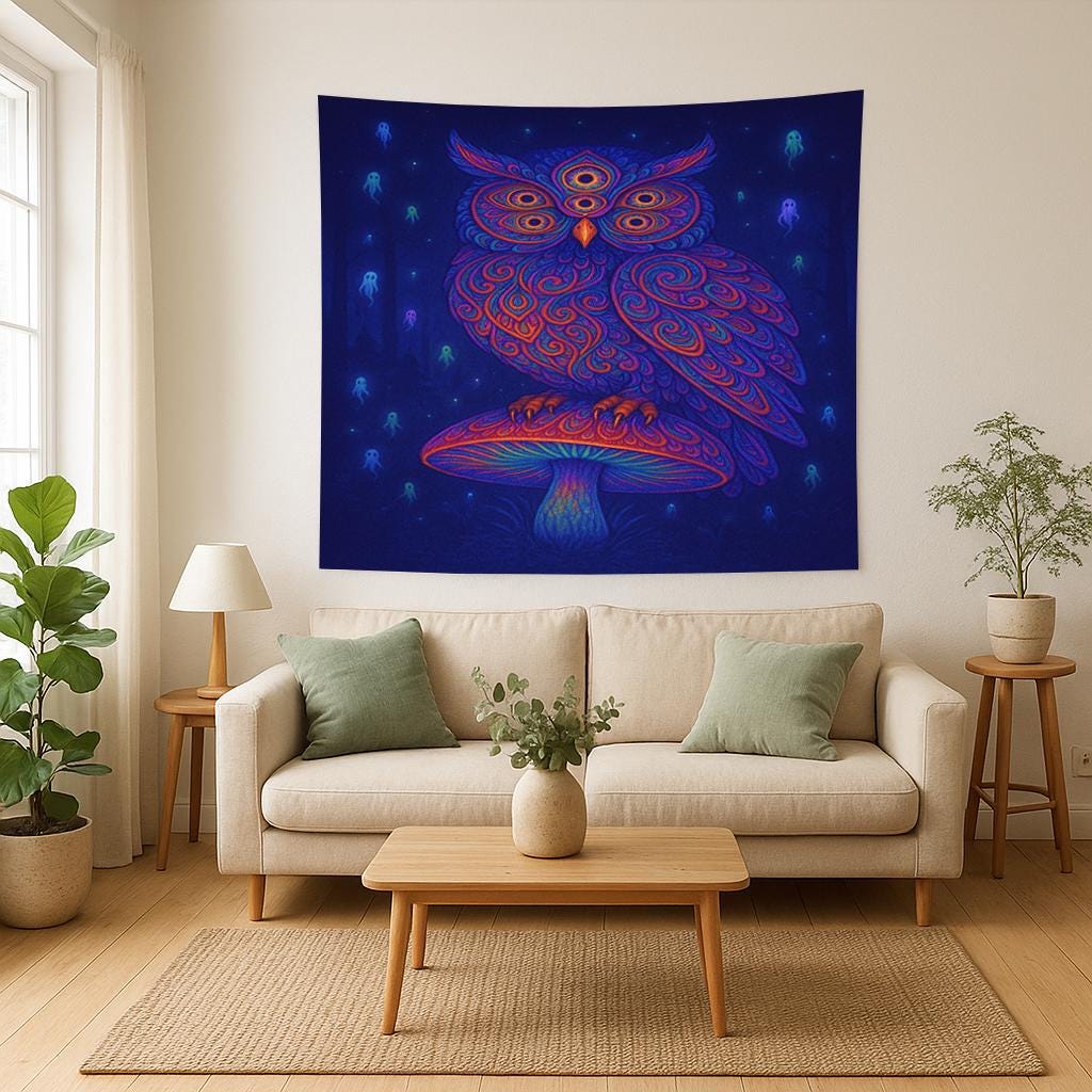 Psychedelic Owl Tapestry, Trippy Mushroom Wall Art, Boho Room Decor, Visionary Spirit Print, Mystical Night Banner, Bohemian Gift