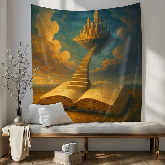 Open Book With Staircase To Floating City Tapestry, Surreal Dreamscape Field Scene, Literary Fantasy Wall Art, Gift For Readers