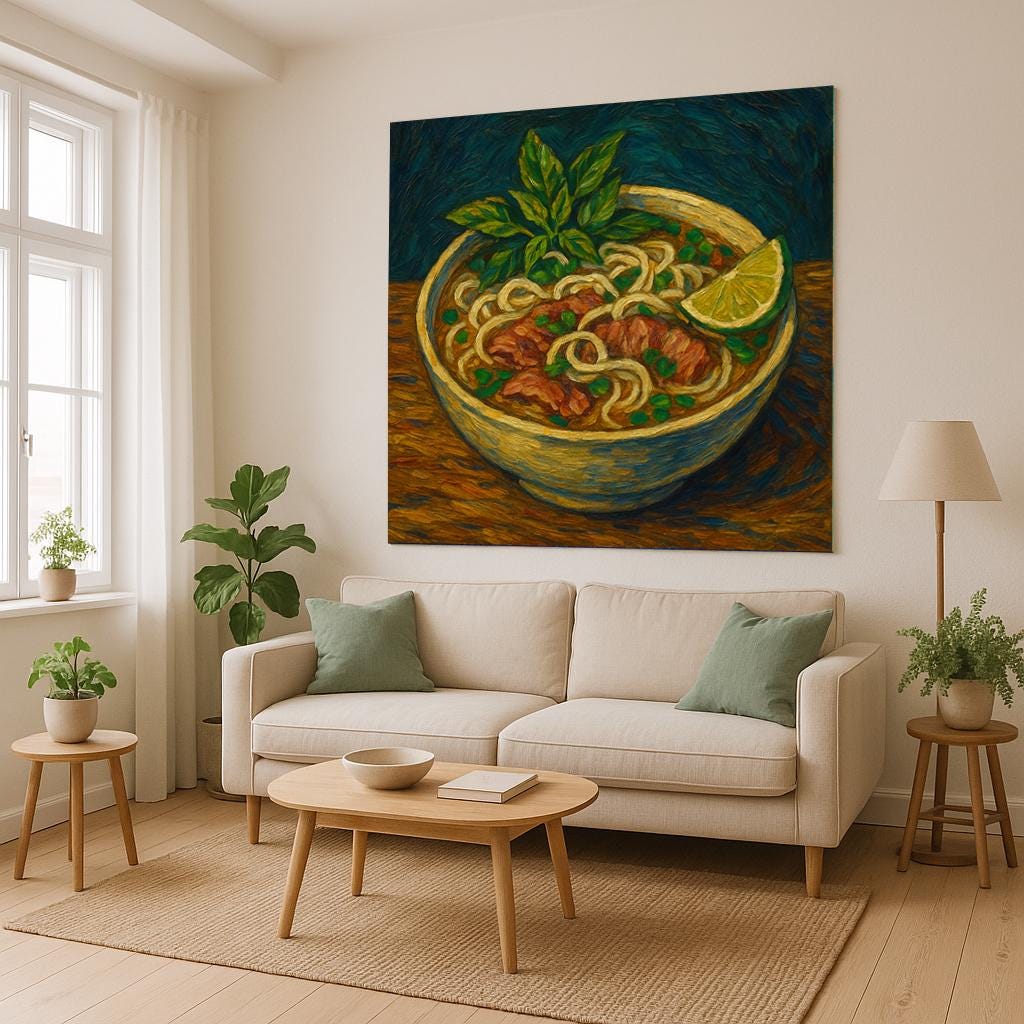 Vietnamese Pho Noodle Soup Wall Tapestry, Hand-Painted Style Food Art with Lime and Herbs, Cozy Kitchen or Dining Room Asian Cuisine Decor